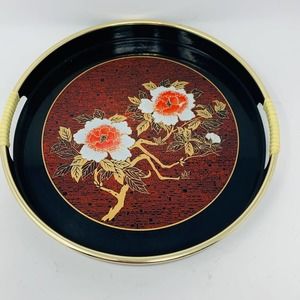 Davar Round Lacquerware Tray with Wrapped Handles Flower Motif Made in Japan